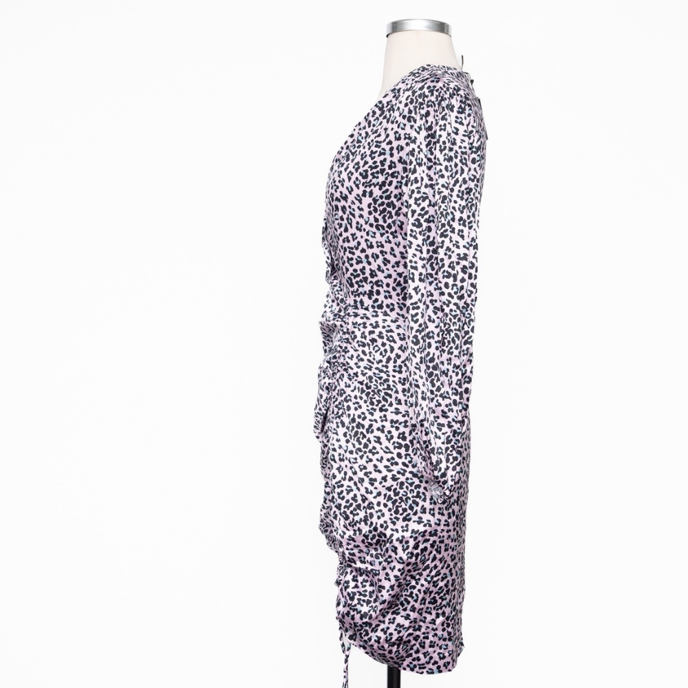 Maje | Maje Draped Leopard-Print Mini Dress‎ Pink Black Puff Sleeve V-Neck  NWT - Picture 6 of 13